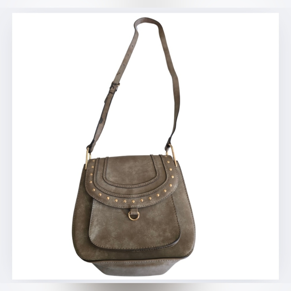 Franco Sarto Crossbody Purse Vegan Taupe Faux Leather Rex Saddle Bag Studded